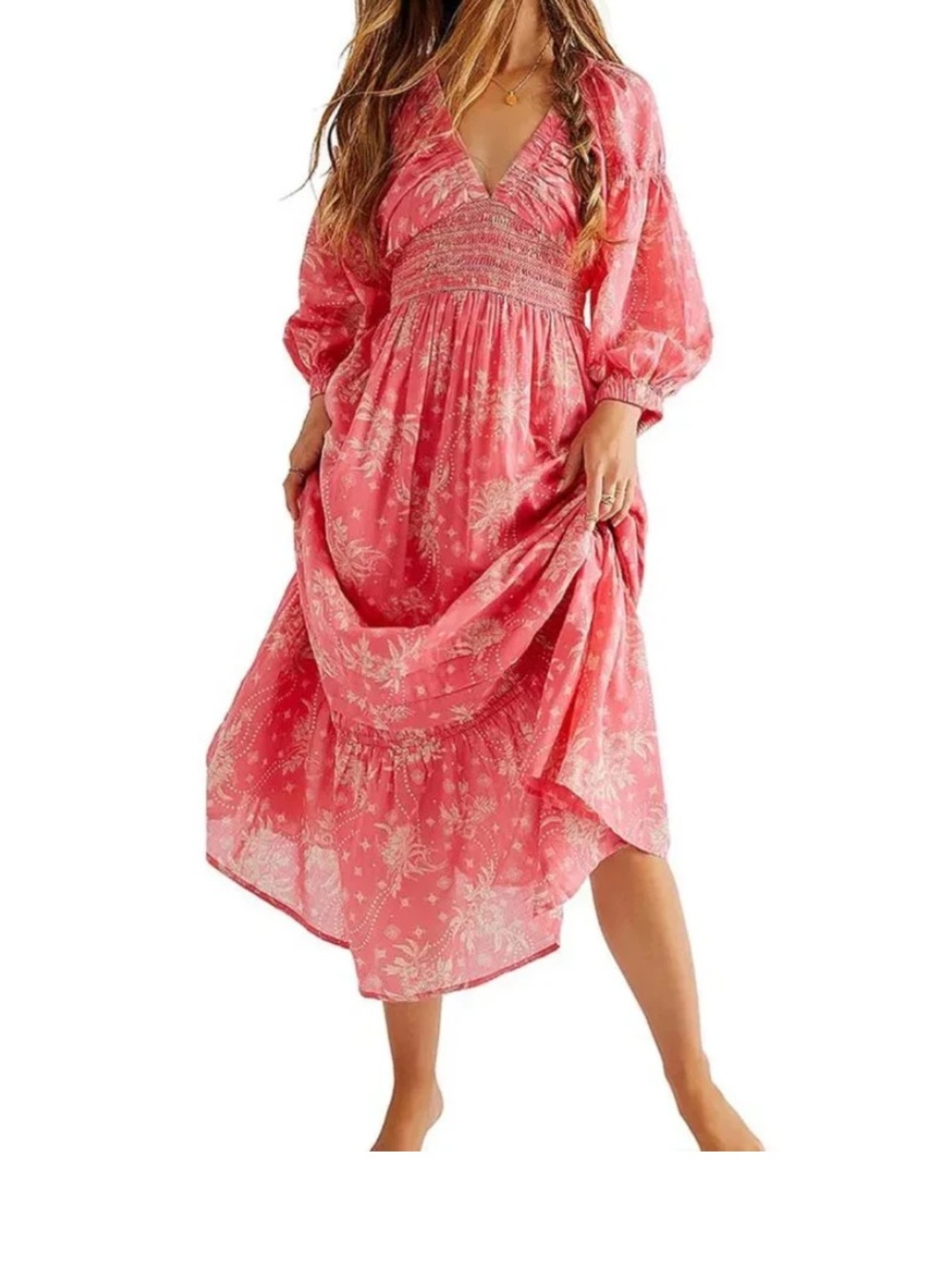 Free People Coral-Pink Floral Maxi Dress with Puff Sleeves - Picture 4 of 15